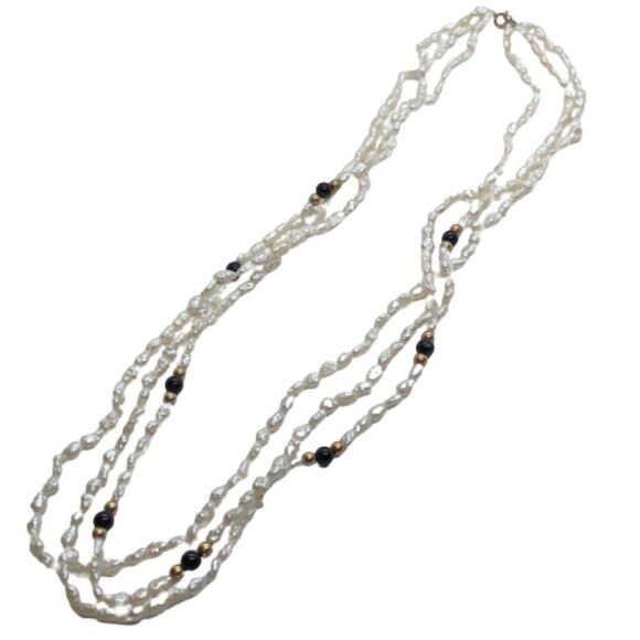 Stunning Vintage 16" Triple Strand Rice Pearl, Black Onyx & 14K Gold Necklace - Picture 6 of 10